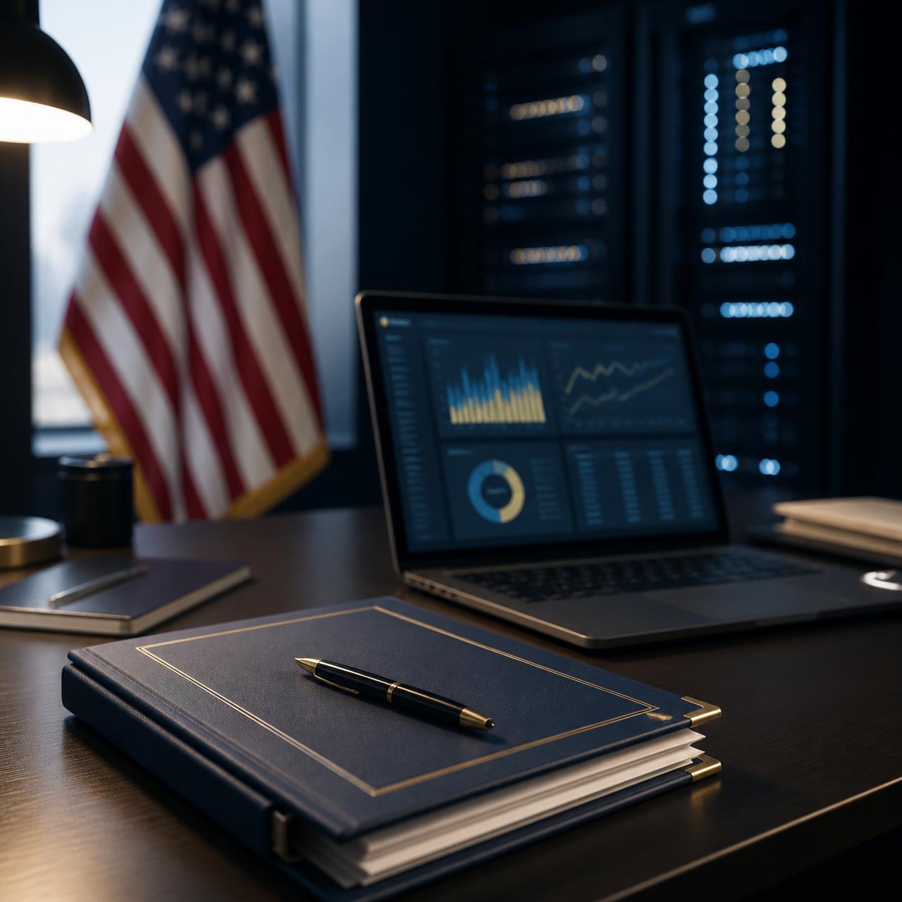Government IT procurement workspace with laptop, contracts, and American flag